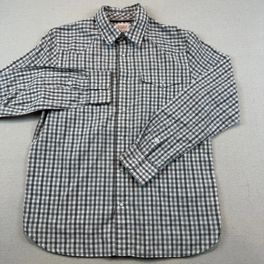 Levi's Medium Western Shirt Mens Gray Gingham Pearl Snap Modern Fit 3LYLW209